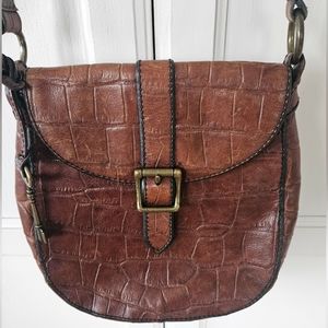 Vintage Fossil Leather Crocodile Embossed Saddle Crossbody Bag